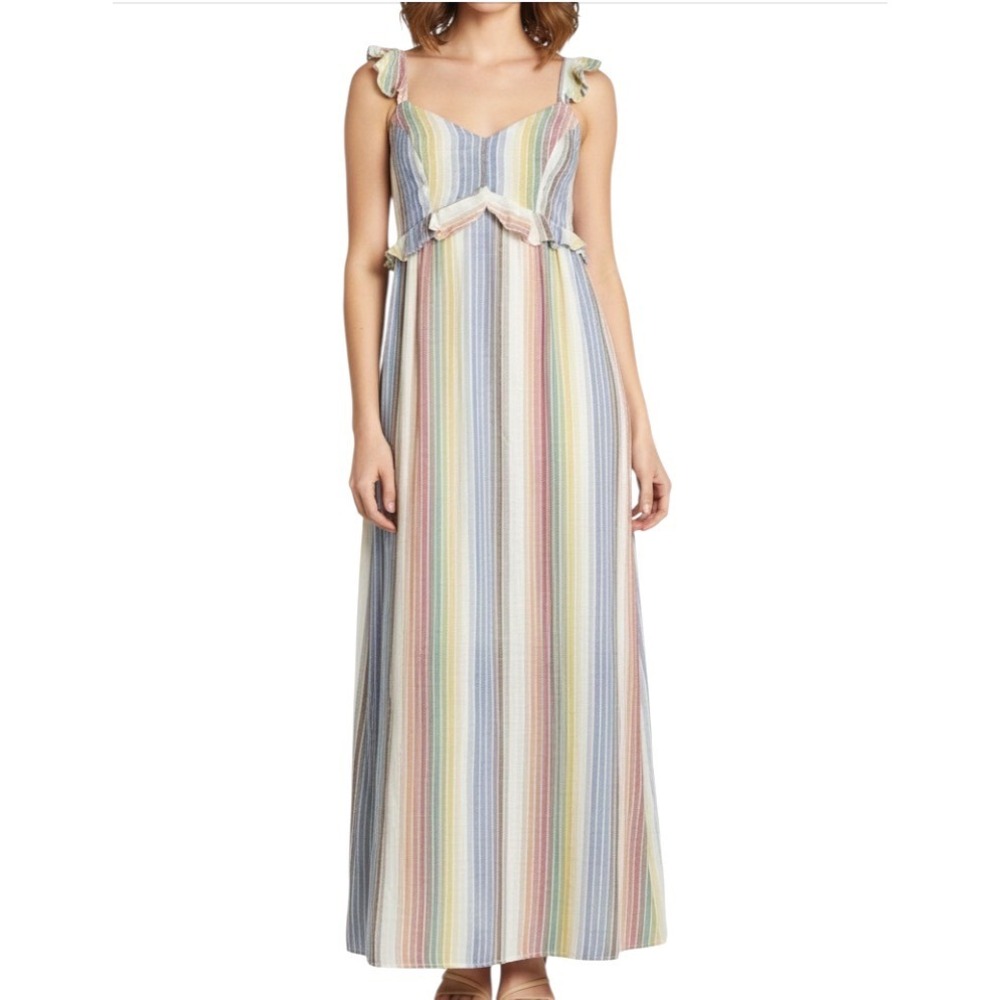 FOR THE REPUBLIC Chambray Rainbow Stripes MAXI DRESS SUNDRESS Ruffle Cotton SZ M